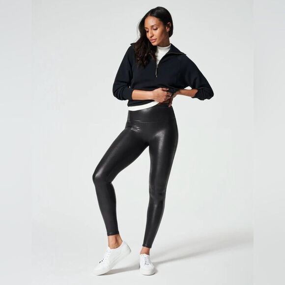 Spanx Women’s Size Large Black Faux Leather Mid Rise Tummy Control Leggings - Picture 1 of 9